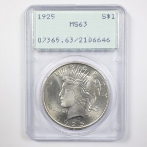 1925 MS63 PCGS Rattler Holder Peace Dollar $1 - Nice White Coin 30997